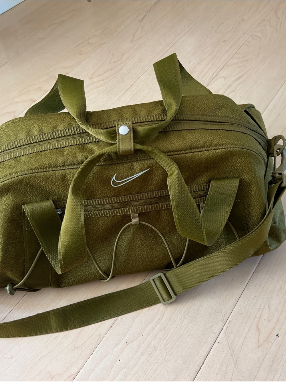 Nike Olive Duffel gym bag with White Swoosh
